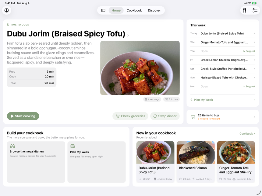 mesa on iPad — tonight's dinner, this week, and your cookbook