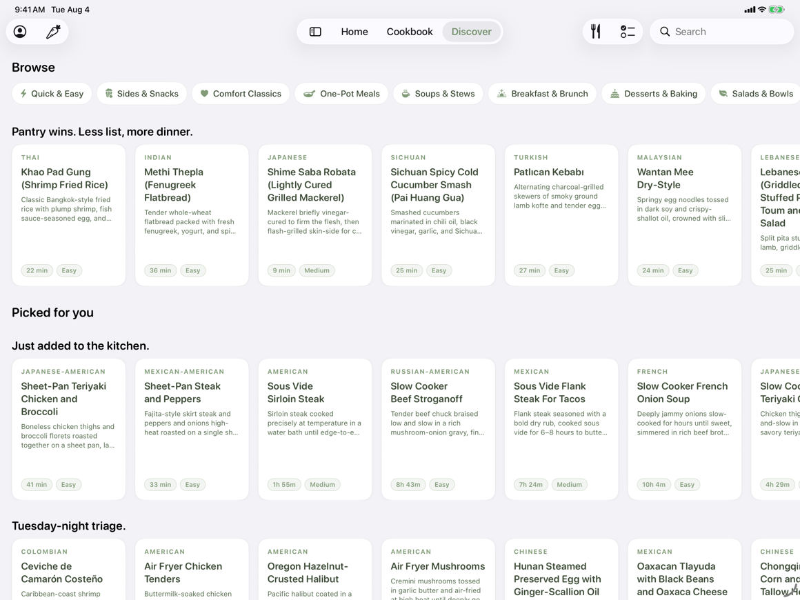 Discover — browse shelves, pantry wins, and just-added recipes