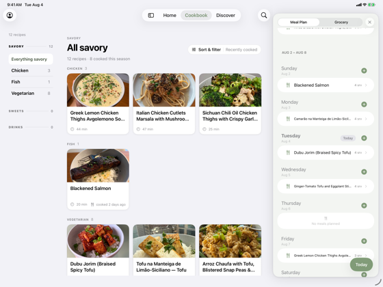 iPad — cookbook with the meal-plan panel open