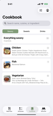 Cookbook, grouped by chicken, fish and vegetarian