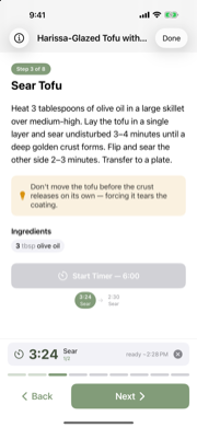Cooking mode — step 3 of 8, with a running timer