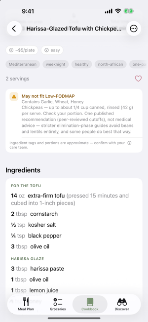 A recipe read against low-FODMAP, with portion guidance and a source note