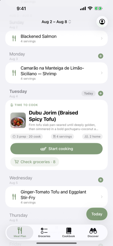 The week, with Tuesday's dinner raised into a time-to-cook card